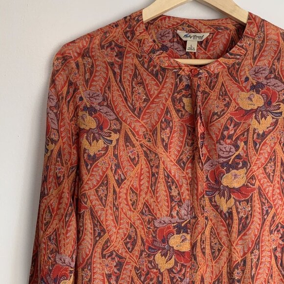 Lucky Brand Women Large Paisley Floral Button Up Top Red Burnt Orange Boho Fall - Picture 5 of 11